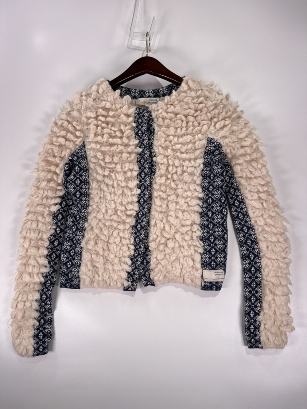 Odd Molly Shaggy Loop Knit Cardigan Fair Isle Alpaca Wool Blend Cream Navy Small - Picture 2 of 13